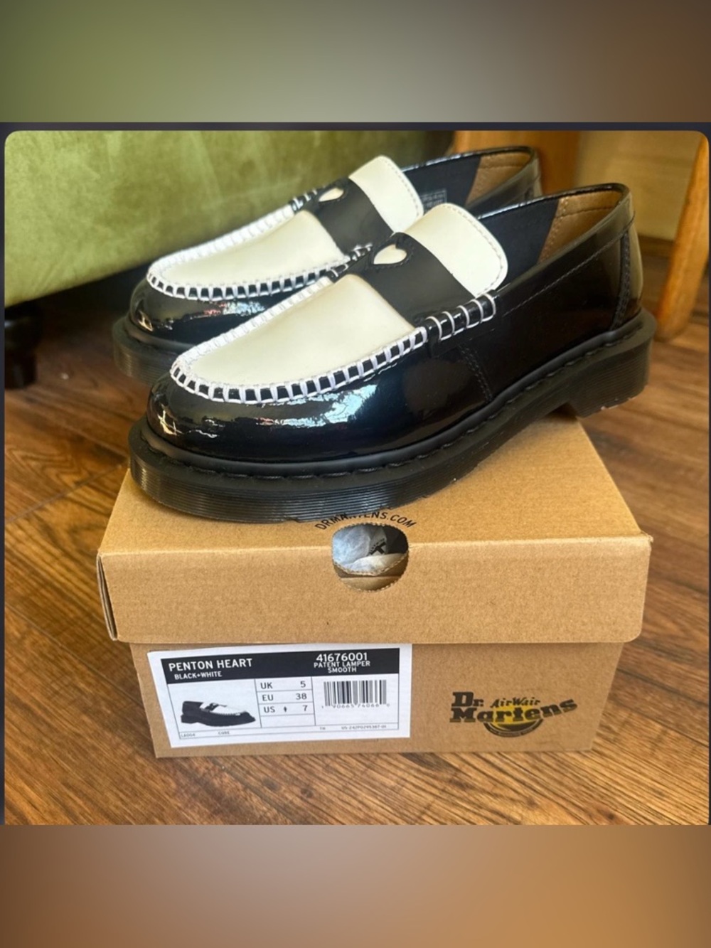 Dr. Martens Rare Penton Black & White Patent Loafers with Heart Accent